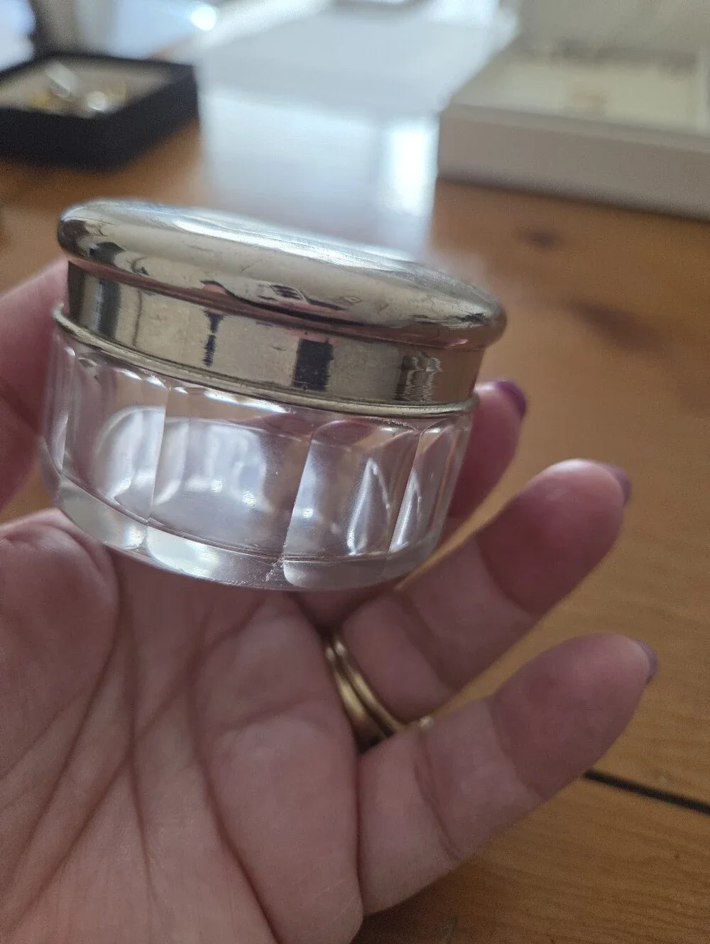 Art Nouveau French Pill Container Pressed Glass With Silver Lid